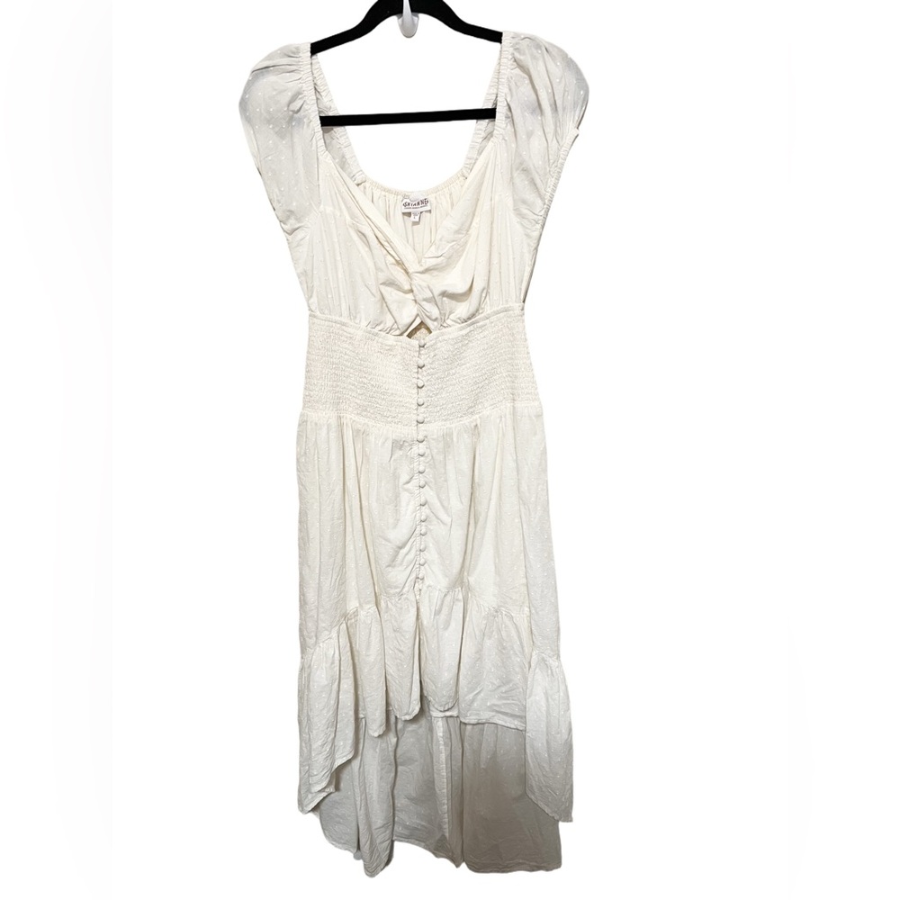 New L SHYANNE Smocked Twist Front Short Sleeve Midi High Low Cotton Cream Dress - Picture 5 of 16